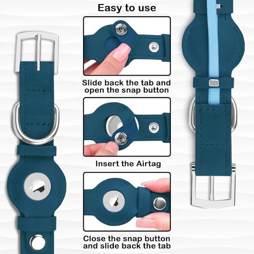Leather Dog Collar with Airtag Holder - Apple Air Tag Dog Collars - Soft Tracking GPS Pet Collar for Small Medium Large Dogs Breed Puppy (Smoky Blue, M, 12"-15" Neck Fit)
