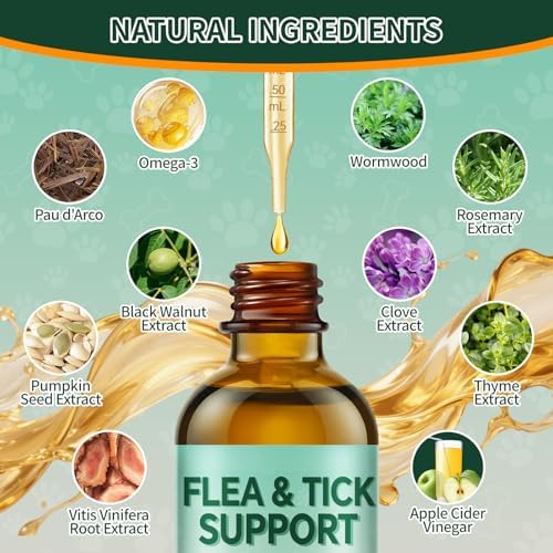 Flea and Tick Support for Dogs & Cats Drops - Flea and Tick Drops Supplement with Multivitamins & Omega-3, Skin & Coat Support for Dogs & Cats, All Breeds & Sizes - 60ml