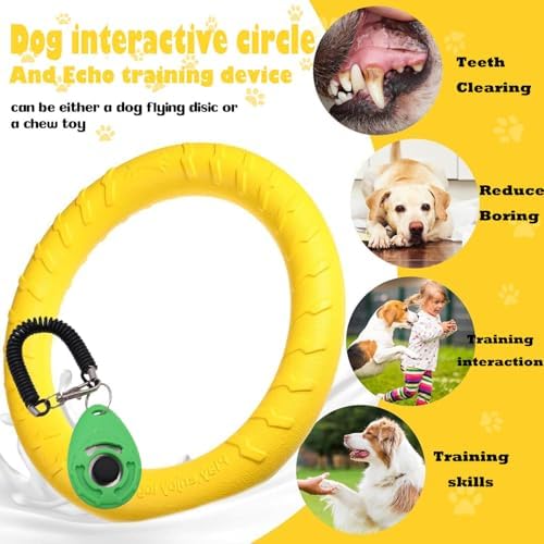 Dog Training Ring - Pet Fun Training Set of Yellow Interactive Dogs Ring and Green Pet Training Clicker,dogtraining Toy/Dog chew Toy for Aggressive chewers,Medium-Sized/Large