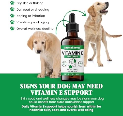 Vitamin E for Dogs Liquid 250 IU - Vitamin E Oil for Dogs Skin and Coat Support - Dog Immune Support Antioxidant Supplement - Bacon Flavor - 60 Servings - 2 oz