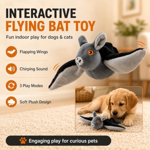 Flying Bat Dog Toy, Flapping Bat Dog Toy for Dogs & Cats, Flapping Wings Interactive Pet Toy with Chirping Sounds, Hanging and Ground Play with Detachable USB Rechargeable，1pcs