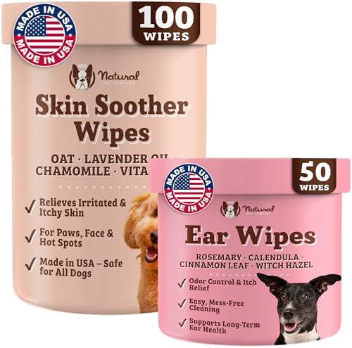 Natural Dog Company Ear Wipes & Skin Soother Wipes Bundle – Essential Oil Infused Ear Cleaner & Hypoallergenic Moisturizing Wipes – Itch Relief, Odor Reduction & Skin Hydration – 50 ct + 100 ct