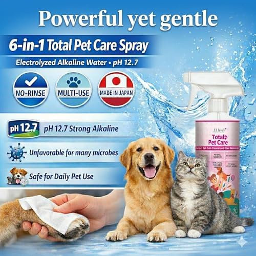 JJJee® 6-in-1 No-Rinse Dog & Cat Cleaner & Odor Eliminator. Cleans Paws, Coat, Eyes, Ears, Hotspots & Home Surfaces–Alcohol-Free, Fragrance-Free, Advanced Electrolyzed Water–Made in Japan (16 oZ)