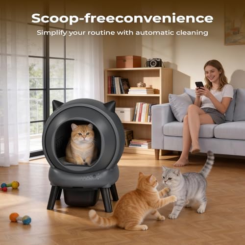 Self Cleaning Litter Box for Multiple Cats, E2 Automatic Cat Litter Box, Self-Cleaning Robot with Smart APP Control and Health Monitoring, Includes 2 Roll Trash Bag and Litter Mat, Grey