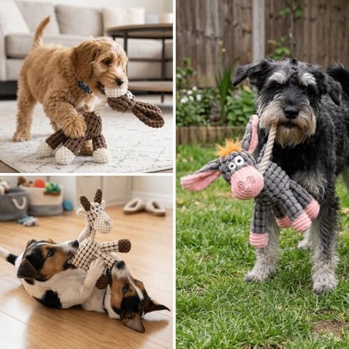 Pet Squeaky Chew Toy Interactive Durable Plush Dog Toy for Small Medium Large Breeds, Teeth Cleaning & Boredom Relief(Coffee Brown Dog)