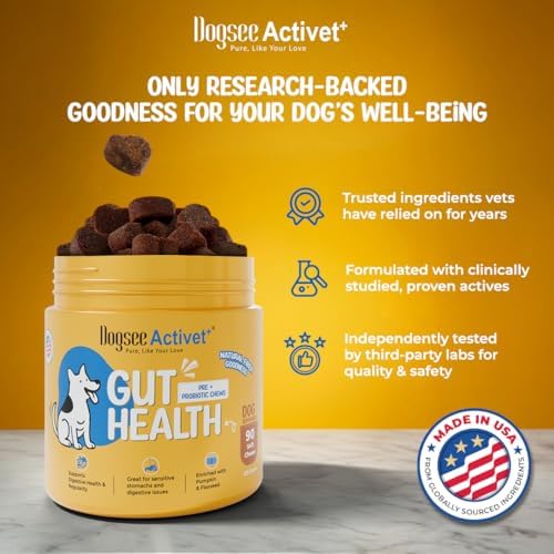 Dogsee Activet+ Dog Gut Health Supplement Chews, with Probiotics, Prebiotics, Digestive Enzymes & Fiber, Supports Digestion, Prevents Diarrhea, Loose Stool and Itchy Skin, Chicken Flavor – 90 Chews