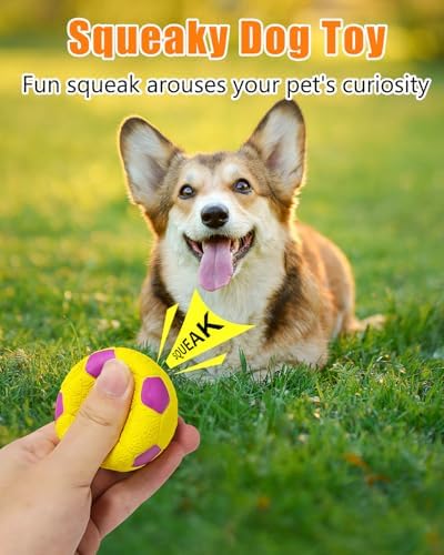 Squeaky Dog Balls, Interactive Funny Puppy Chew Toys for Fetch Play to Keep Them Busy, Latex Rubber Pet Tennis Soccer Ball Toy Bundle (4 Pack) for Puppies Small Breed Dogs