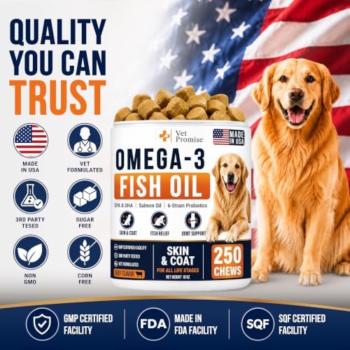 Omega 3 for Dogs - 250 Chews - Fish Oil for Dogs - Skin & Coat Supplement