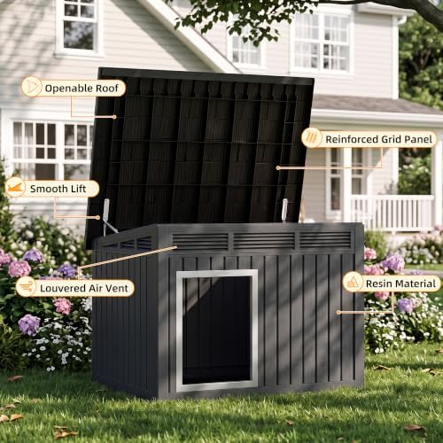 VIXZEN Dog House Indoor Outdoor,Waterproof Dog House for Small to Large Dogs,Doghouse with Air Vents and Elevated Floor,Openable at the Top,Easy to Assemble and Clean,Deep Black