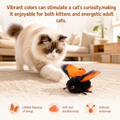 Smart Sensing Flapping Butterfly Toy Interactive Cat, Interactive Butterfly Cat Toy, Rechargeable Touch Activated Kitten Toy, Durable Plush Build for Bored Indoor Cats (Gold)