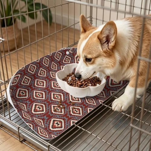 Diamond Motifs Pet 100% Waterproof Feeding Mat with Raised Edges, Tribal Eye Cat Small Dog Foldable Food Mat with Easy Clean Leather for Home Travel 17.7x11.8in