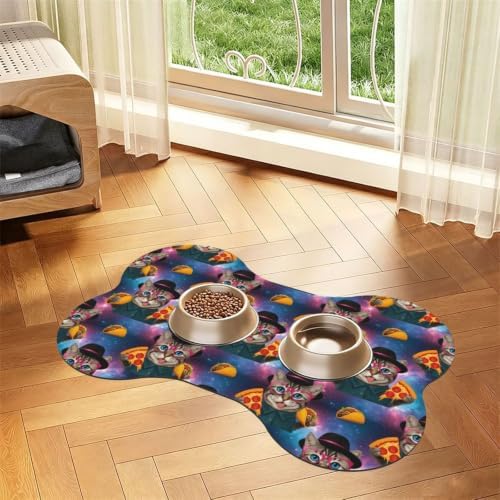 Galaxy Space Cat Eat Pizza Dog & Cat Food Mat Bone Shaped Pet Feeding Mat