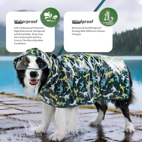 Dog Raincoat, Waterproof Windproof Dog Rain Jacket with Hood, Rain Coat with Leash Hole, Adjustable Raincoat Poncho for Small Medium Large Dogs Outdoor (Green, 4XL(50-55lbs))