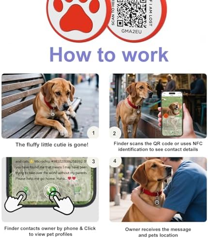 QR Code Cat Tag, Modifiable Pet Online Profile, Multiple Emergency Contact, Scannable QR Code, Instant Location Email Alert, Collar Accessories (Medium to Large Breeds - 1.25", Red)
