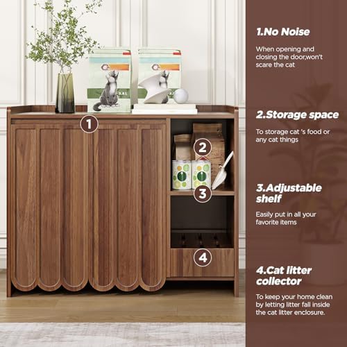 Halitaa Large Litter Box Enclosure with Litter Collector, Hidden Litter Box Furniture for Automatic Litter Box, Cat Robot 3/4, Dog Proof Litter Box Cabinet, Side Table, Walnut
