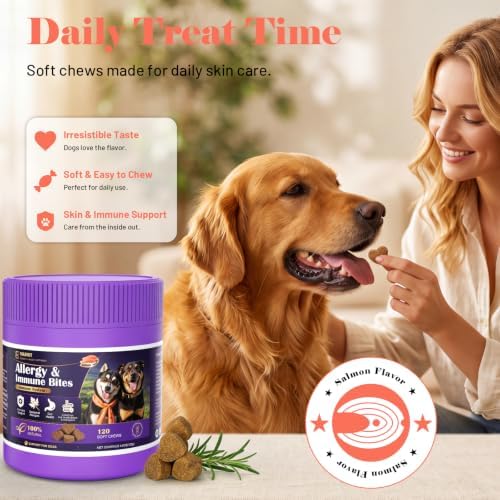 Dog Allergy Chews for Dogs - Skin & Coat, Digestive Health & Immune Support, Salmon Flavor, 2 Bottles, 240 Soft Chews
