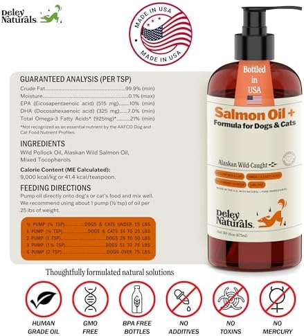 Deley Naturals Wild Alaskan Salmon Oil for Dogs & Cats - New and Improved Salmon Oil Plus Formula - Fish Oil for Dogs with Omega 3, DHA and EPA - Omega 3 for Healthy Skin and Coat - 16oz Made in USA
