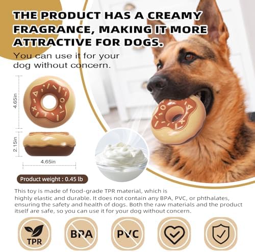 Dog Chew Toys for Aggressive Chewers, Indestructible Tough Squeaky Mental Stimulation Teeth Grinding Interactive Dog Chew Toys for Small/Medium/Large Dog Breeds, Creamy Scent Donut Brown