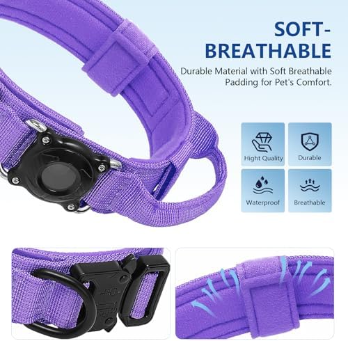 Waterproof AirTag 2nd 2026 & AirTags 1st 2021 Dog Collar - Tactical Military Collar with Secure Hard PC Holder & Comfort Handle for Medium Large Dogs,Smart ID tag (Purple, L)