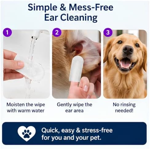 Pet Ear Cleaning Finger Wipes for Dogs & Cats, 50 Count, Unscented Ear & Eye Cleaning Wipes, Soft Non-Woven Finger Wipes for Wax, Dirt & Tear Stain Removal, Gentle Daily Grooming