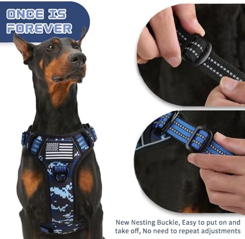 BUMBIN Tactical Dog Harness for Large Dogs No Pull, Famous TIK Tok No Pull Puppy Harness, Fit Smart Reflective Pet Walking Harness for Training, Adjustable Dog Vest Harness with Handle Blue Camo L