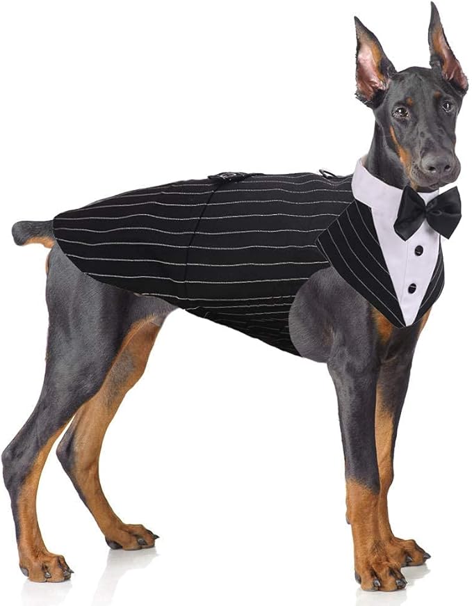 PUMYPOREITY Dog Tuxedo and Bandana Set, Formal Gentleman Dog Attire with Bowtie for Wedding, Birthday, Christmas, 2XL Stripe