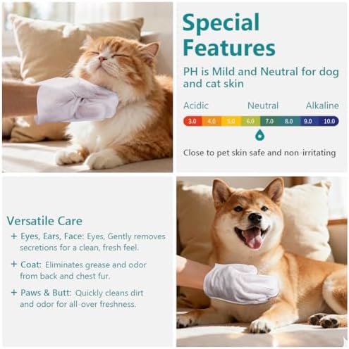 Pet Glove Wipes for Dogs, Hypoallergenic Dog Wipes Cleaning Deodorizing, Thick Disposable Cat Grooming Gloves, No-Rinse Dog Washing Bath Gloves for Fur Butt Paws Ears, Dry Cleaning Daily Care Travel