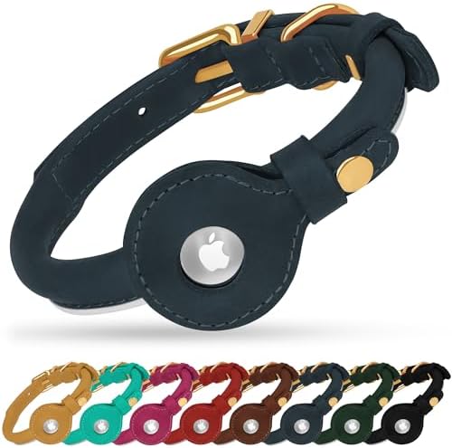 OOPSDOGGY Rolled Leather Dog Collar with Airtag Holder - Reflective Round Airtag Dog Collar - Soft Tracking Pet Collar for Small Dogs Puppy Cats Kitten (Denim, M, 12"-15")