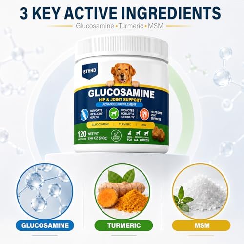 Hip and Joint Supplements for Dogs - Glucosamine for Dogs with Chondroitin, Turmeric & MSM - Joint Pain Relief and Hip Support - All Ages and Breeds - 120 Chews