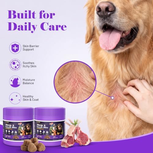 Dog Allergy Chews for Dogs - Skin & Coat, Digestive Health & Immune Support, Lamb Flavor, 2 Bottles, 240 Soft Chews