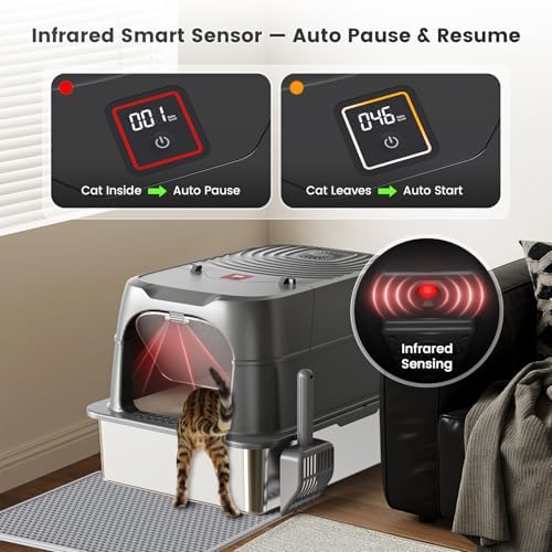 Smart Odor Control Cat Litter Box with Cover，XXXL Stainless Steel Enclosed Litter Box for Big Cats, Plasma Sterilization Deodorizer with Infrared Auto Pause, No More Odors and Stay Fresh,Easy to Clean