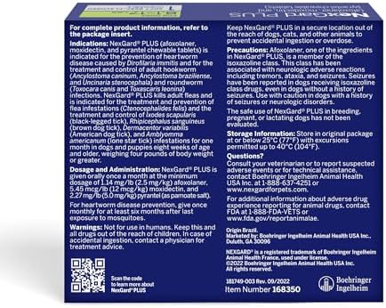 NexGard Plus (afoxolaner, moxidectin, and pyrantel) Flea and Tick Protection & Heartworm Preventive for Dogs Soft Beef Flavored Chewables, 8.1-17 lbs. (Green) 1 Chew (1 Month Supply)