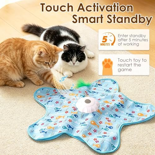 Interactive Cat Toys for Indoor Cats, USB Rechargeable Hide and Seek Automatic Feather Moving Kitten Toy with 2 Replaceable Wands, 3 Modes, 5-Min Auto-Sleep & Realistic Bird Sounds(Fish)