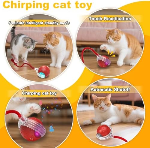 2-Pack Interactive Cat Toys Ball for indoor Cats＆Dog,Automatic Cat Toy with Smart Obstacle Avoidance & Bird Chirps ,Includes 4 Cat Spiral Spring,Cat Enrichment Toys for Indoor Cats(Red＆Yellow)