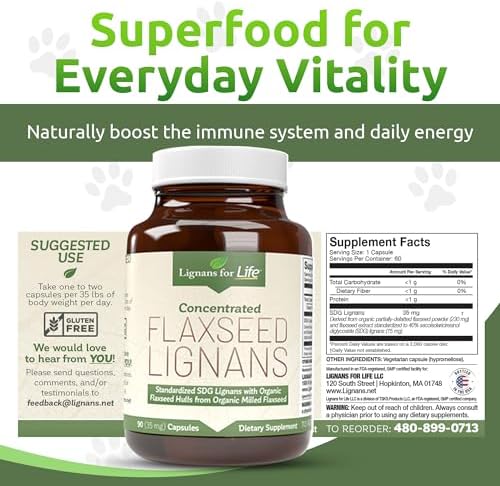 Lignans for Life Flaxseed Lignans for Dogs & People + SDG - Omega 3 Fatty Acids, High Fiber Antioxidants - Improve Shiny Coat, Digestive & Heart Health for Dogs, 35mg, 90 Flaxseed Capsules, 1 Pack