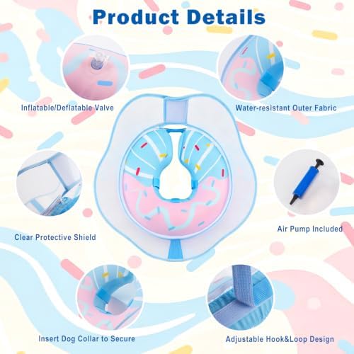 EMUST Inflatable Dog Cone Collar with Removable Clear Protective Shield, Comfortable, Lightweight 2-in-1 Dog Donut Collar After Surgery, Soft Dogs Cone Alternative with Pump(BluePink, Large)