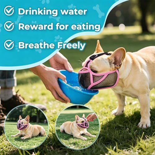 OHCOZZY French Bulldog Muzzle, Adjustable Soft Short Snout Dog Muzzle with Eye Hole for French Bulldog, Pug, Shih Tzu, Anit Biting Chewing, Allow to Drink and Feed(S,Pink)
