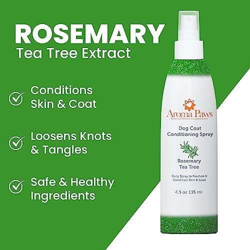 Scented Dog Coat Spray – Cleansing, Conditioning, Moisturizing – Toxin Free, Healthy Ingredients – Aromatic Grooming Puppy Spray – Loosens Knots, Tangles – 4.5 Oz., Rosemary Tea Tree