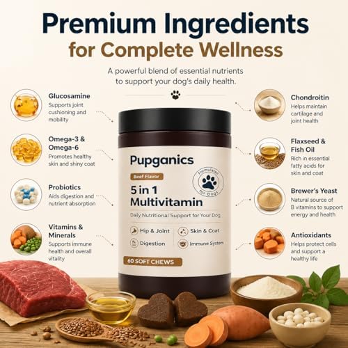 Pupganics Multivitamin Daily Soft Chews for Dogs,Pupganics 5 in 1 Multivitamin,with Chondroitin & Natural Vitamins,for Hip & Joint, Heart Health, Skin & Coat, Digestion & Immune Support, 60 Chews.