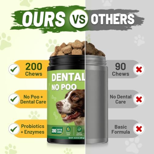 200 Ct 2-in-1 No Poo & Breath Chews for Dogs Stool Eating Coprophagia Deterrent Stop Dog Poop Eating Fresh Breath Reduce Plaque Tartar with Kelp Powder Zinc Probiotics Digestive Enzymes Chicken Flavor