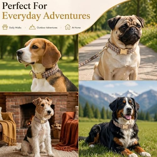 Soft Cotton Dog Collar Classic Plaid Pet Collars with Metal Clasp for Large Dogs with Sensitive Skin, Camel Brown