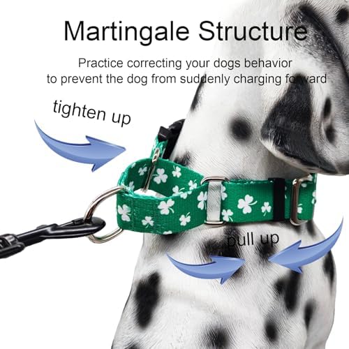 St.Patrick's Day Martingale Collar for Dogs with Buckle Adjustable Shamrock Spring Holiday Dog Collar (Clover, Medium)