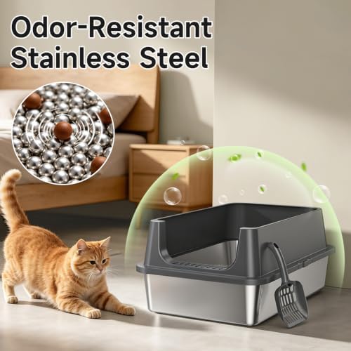 XL Open Top Stainless Steel Litter Box Large with High Sides,Gray