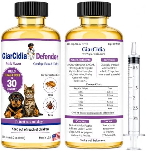 Giarcidia Flea & Tick Support for Cats & Dogs – Oral Suspension, Milk Flavor, 60ml Glass Bottle with 3ml Syringe Dropper – Fast Acting Pet Care Formula