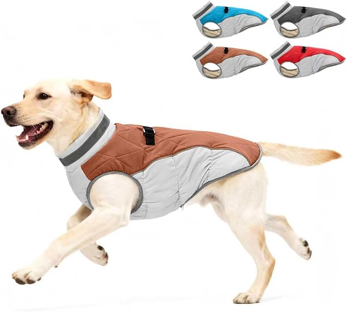 Dog Coat for Medium Dogs, Adjustable Dog Jackets for Cold Weather, Reflective Winter Coat with Built-in Harness, Snowsuit Fits Dogs 14-25 lbs and Up, Size M Brown