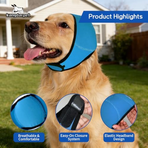 Dog Ear Cover for Noise Protection & Anxiety Relief, Adjustable No Shake Ear Wrap for Firework, Hematoma, Bathing, Swim, Grooming and Force Drying (Blue, L(Head Size:18"-24"))