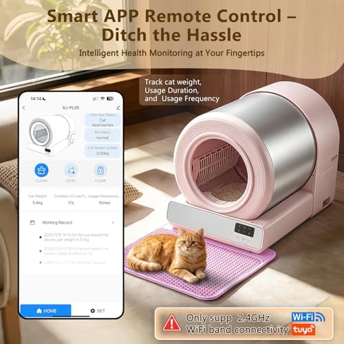 Self Cleaning Cat Litter Box for Multiple Large Cats - 60L Capacity, APP Control Automatic Litter Box with Safety Sensors, Odor-Free & Anti-Leakage, Includes Litter Mat & Litter Scoop,Pink