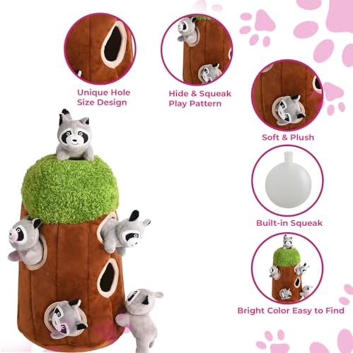 Glow Pups Hide and Seek Dog Toy, Interactive Plush Raccoon in Tree Burrow, Squeaky Woodland Style Dog Toys for Small Dogs, Mental Stimulation, Medium Size Tree with 4 Raccoon