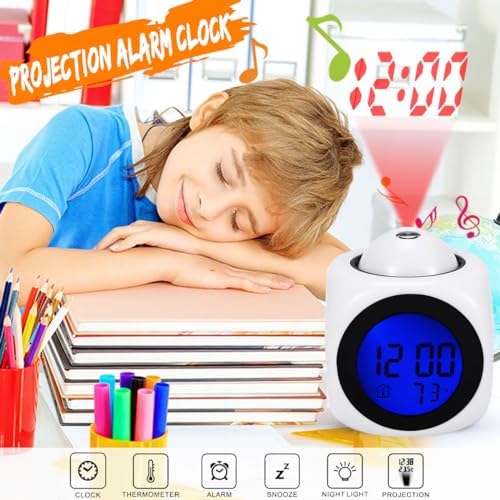 Projection Digital Children White Alarm Clock Temperature Thermometer Desk Time Date Display Table Clock Cute Corgi Dog Wizard with Magic Wand