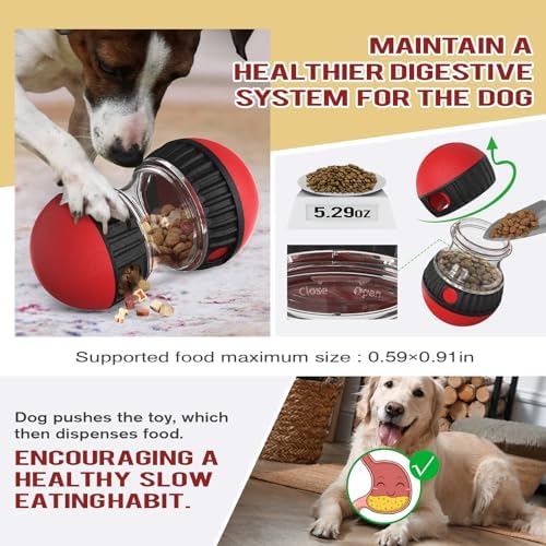 Dog Puzzle Toy Treat Dispenser Ball, Adjustable Rolling Dog Enrichment Toy & Slow Feeder for Medium Large Dogs, Mental Stimulation Toy to Keep Dogs Busy, L Red